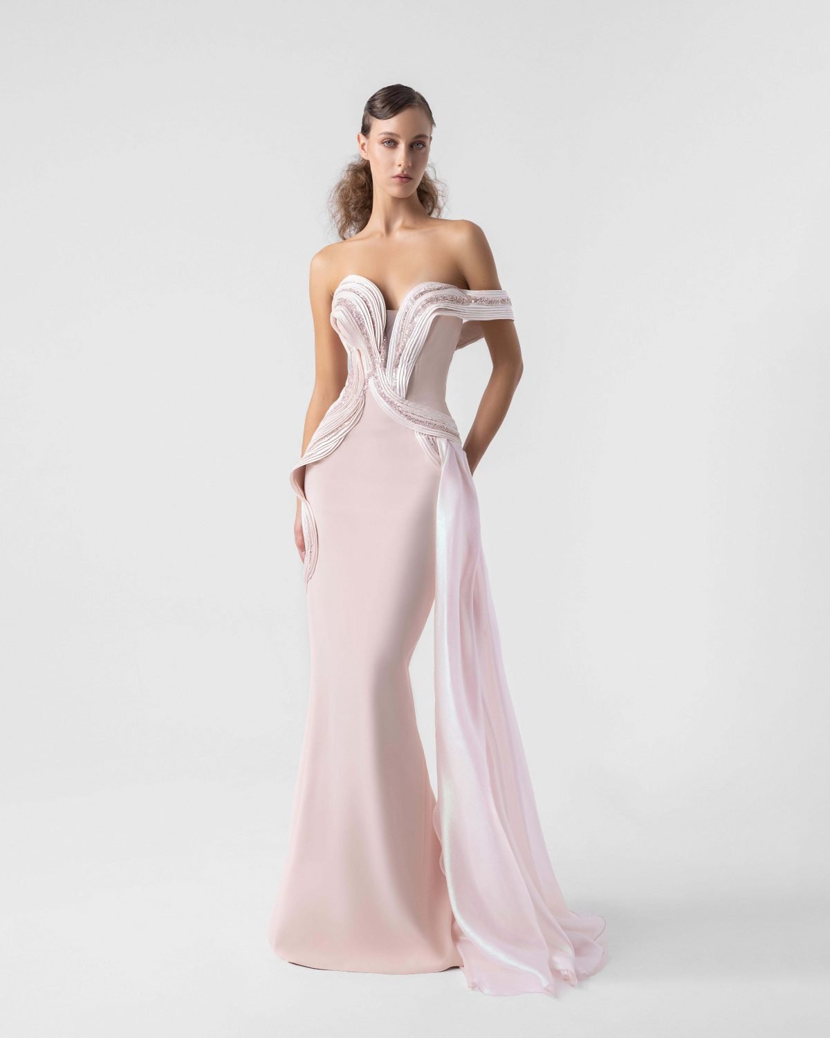 Plunging V Off-Shoulder Blush Gown with Holographic Draping