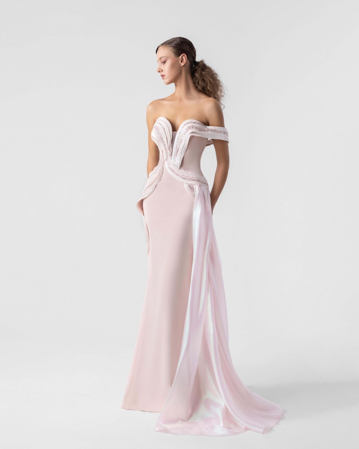 Plunging V Off-Shoulder Blush Gown with Holographic Draping