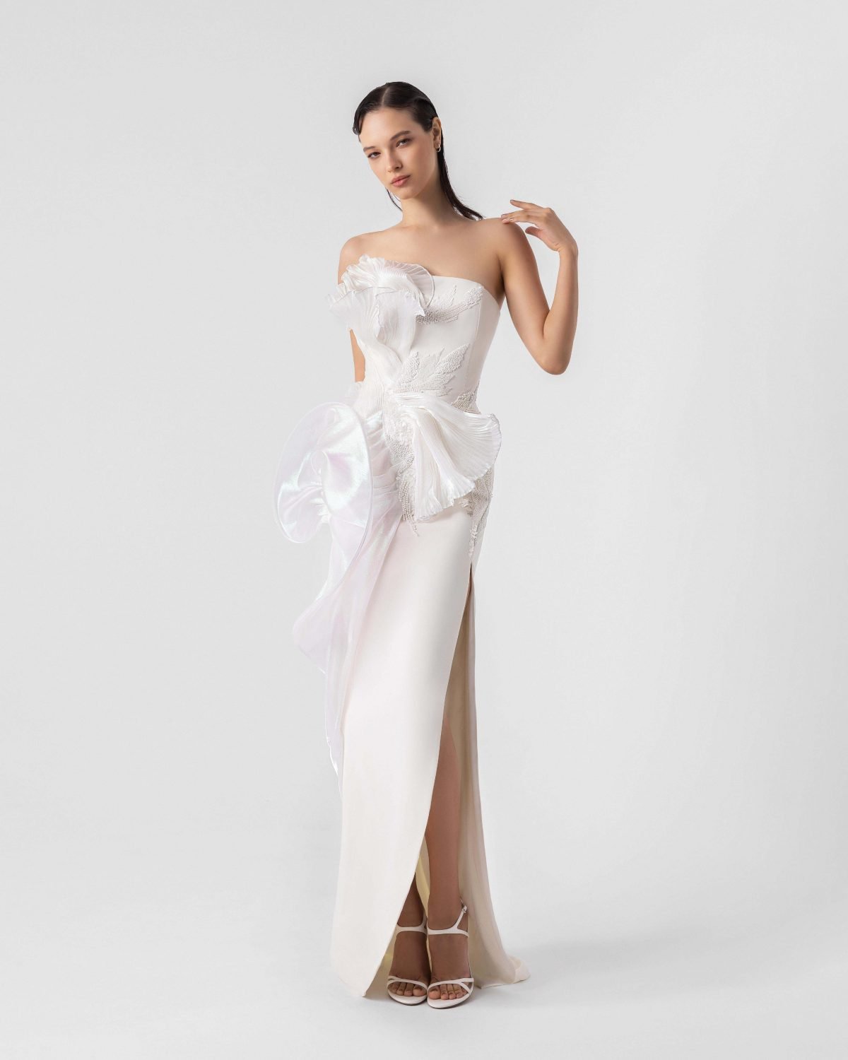Cascading 3D Holographic Peplum Pearly Off-White Evening Dress