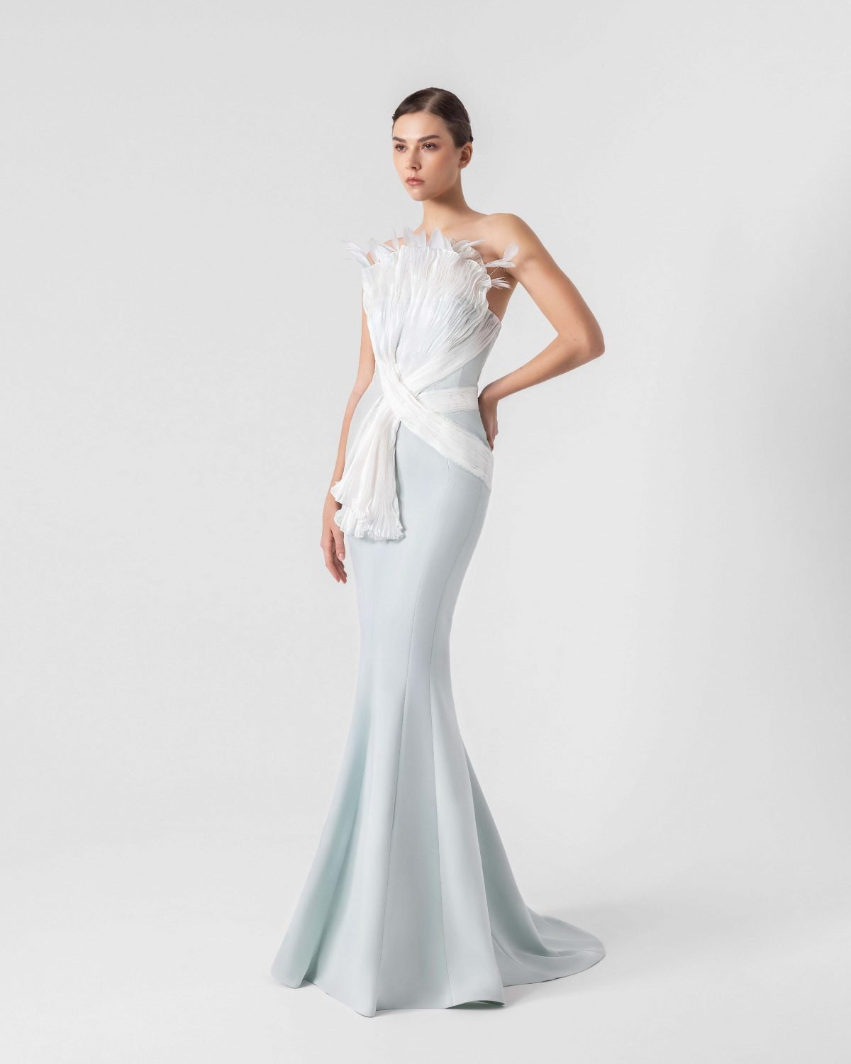 Ethereal Mint Blue Gown with Feathered Pleated Holographic Organza Accents