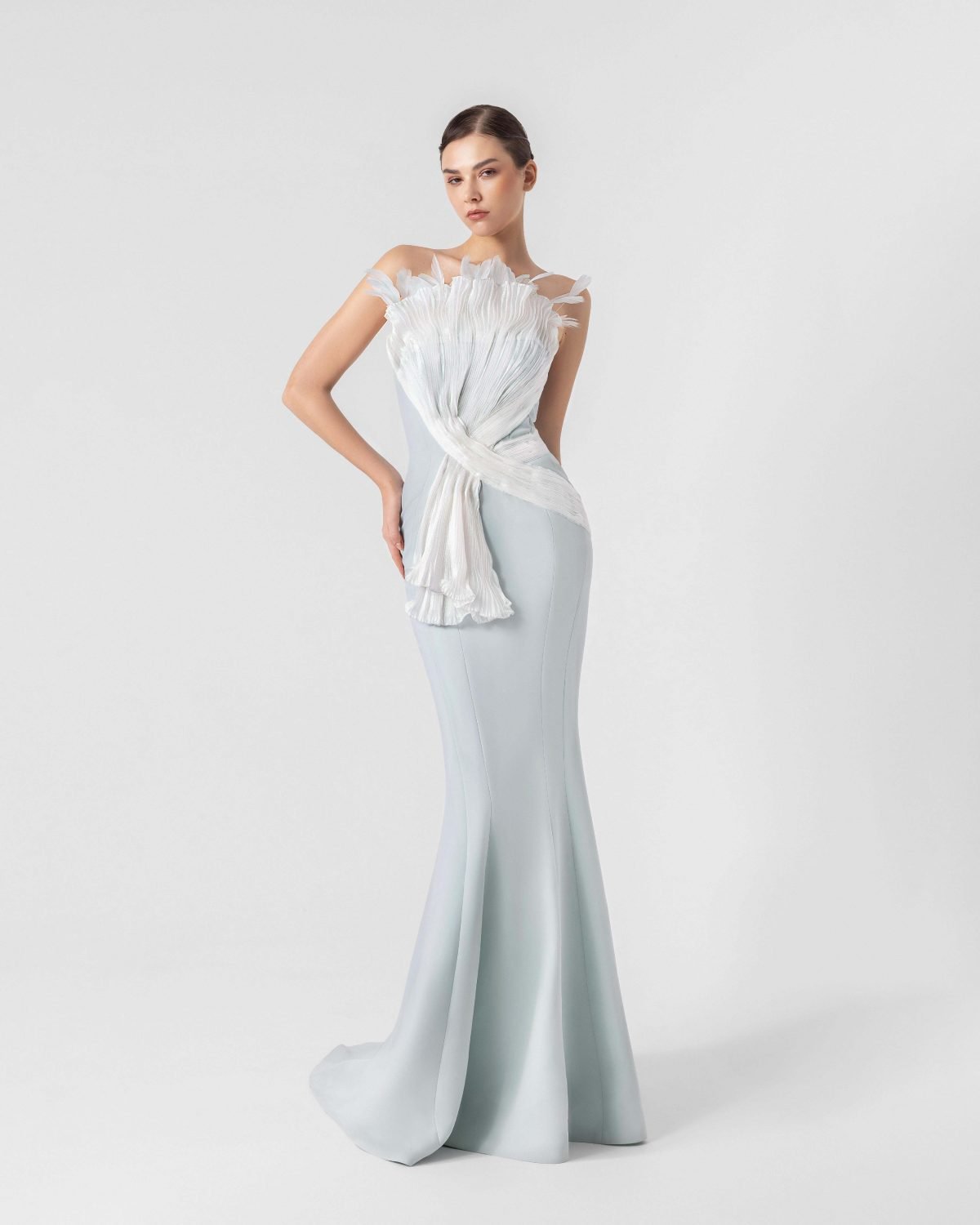 Ethereal Mint Blue Gown with Feathered Pleated Holographic Organza Accents