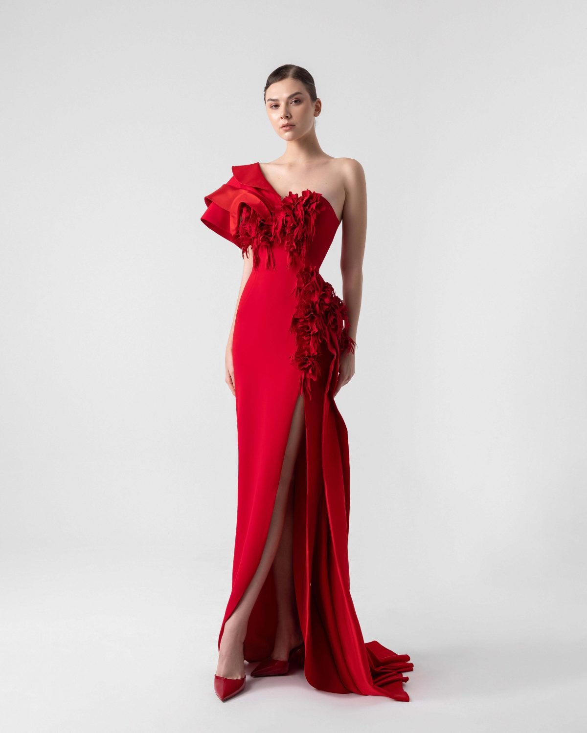 Romantic Red Gown with Laser-Cut 3D Appliqué