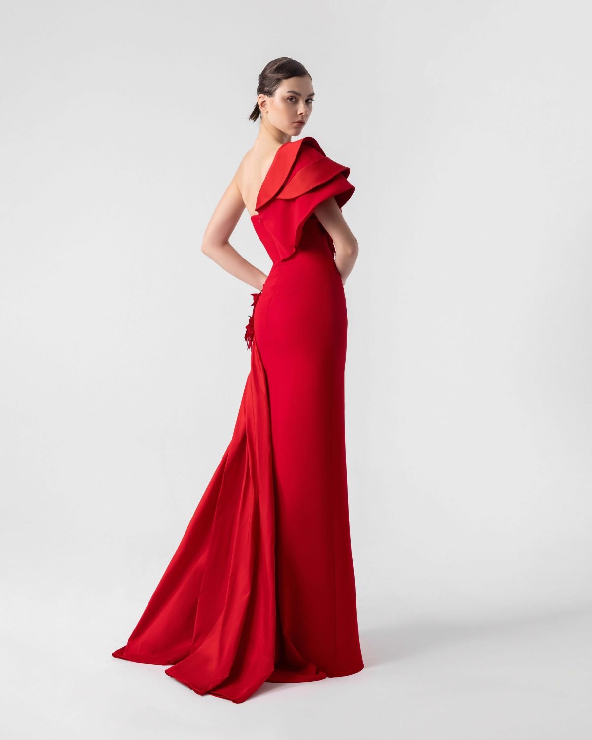 Romantic Red Gown with Laser-Cut 3D Appliqué