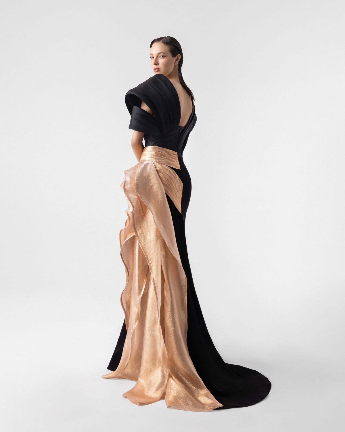 Cascading Lamé Gold and Mixed Black Shoulders Evening Gown