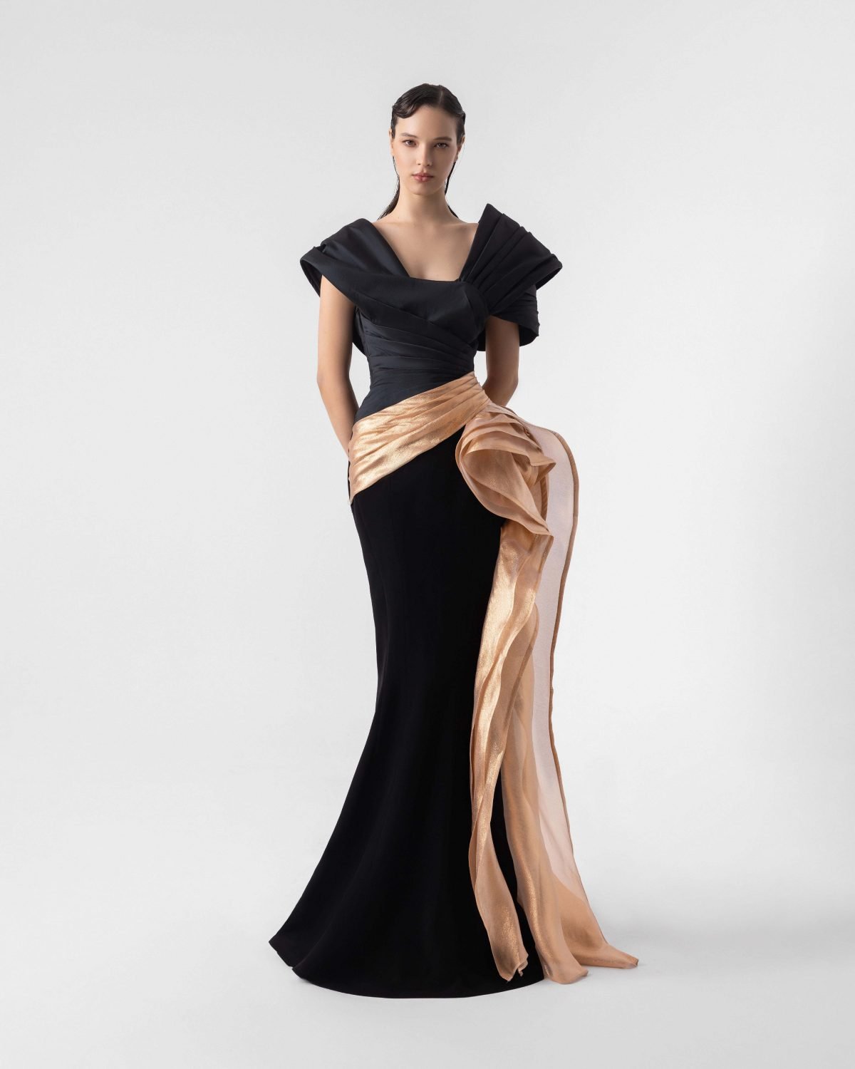 Cascading Lamé Gold and Mixed Black Shoulders Evening Gown