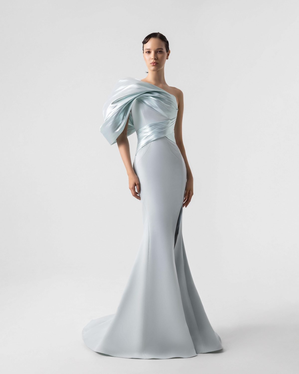 Sophisticated Metallic One Shoulder Mint Blue Mermaid Gown