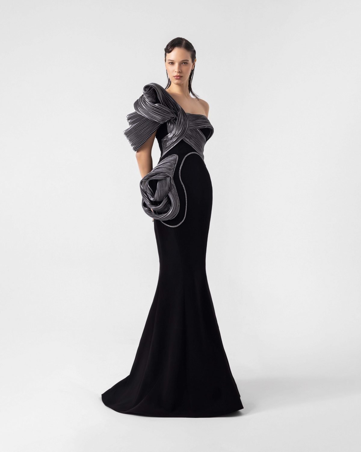 Sculptural Ribbed Silver and Black Mermaid One-Shoulder Dress