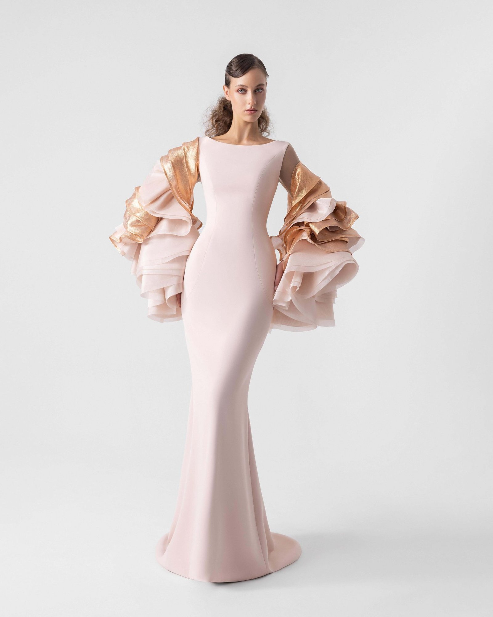 Cascading Metallic Organza Sleeves Salmon Pink Mermaid Dress