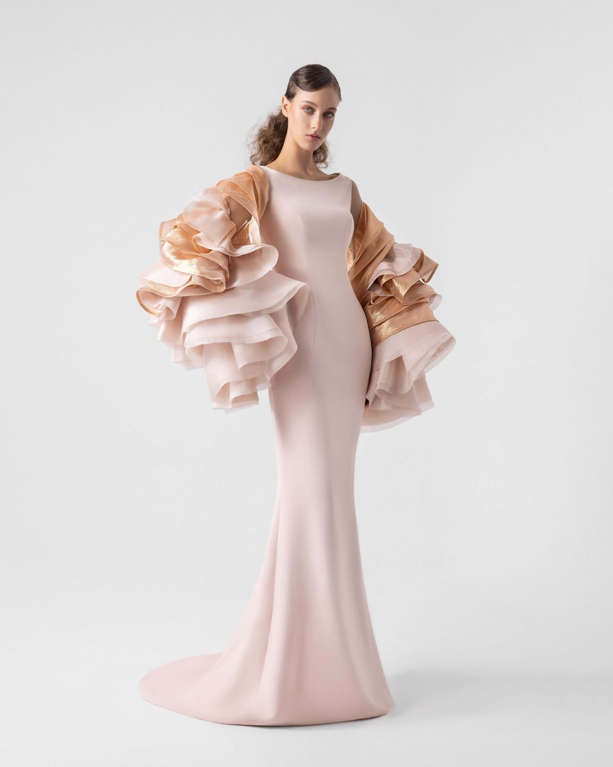 Cascading Metallic Organza Sleeves Salmon Pink Mermaid Dress