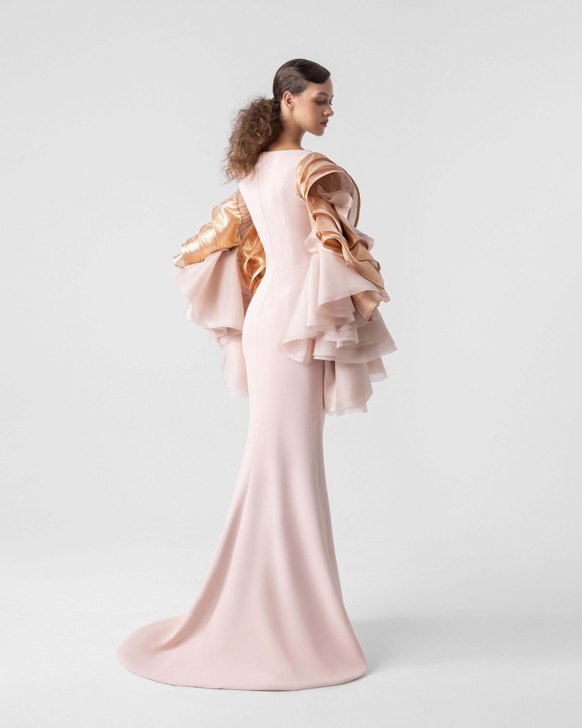 Cascading Metallic Organza Sleeves Salmon Pink Mermaid Dress