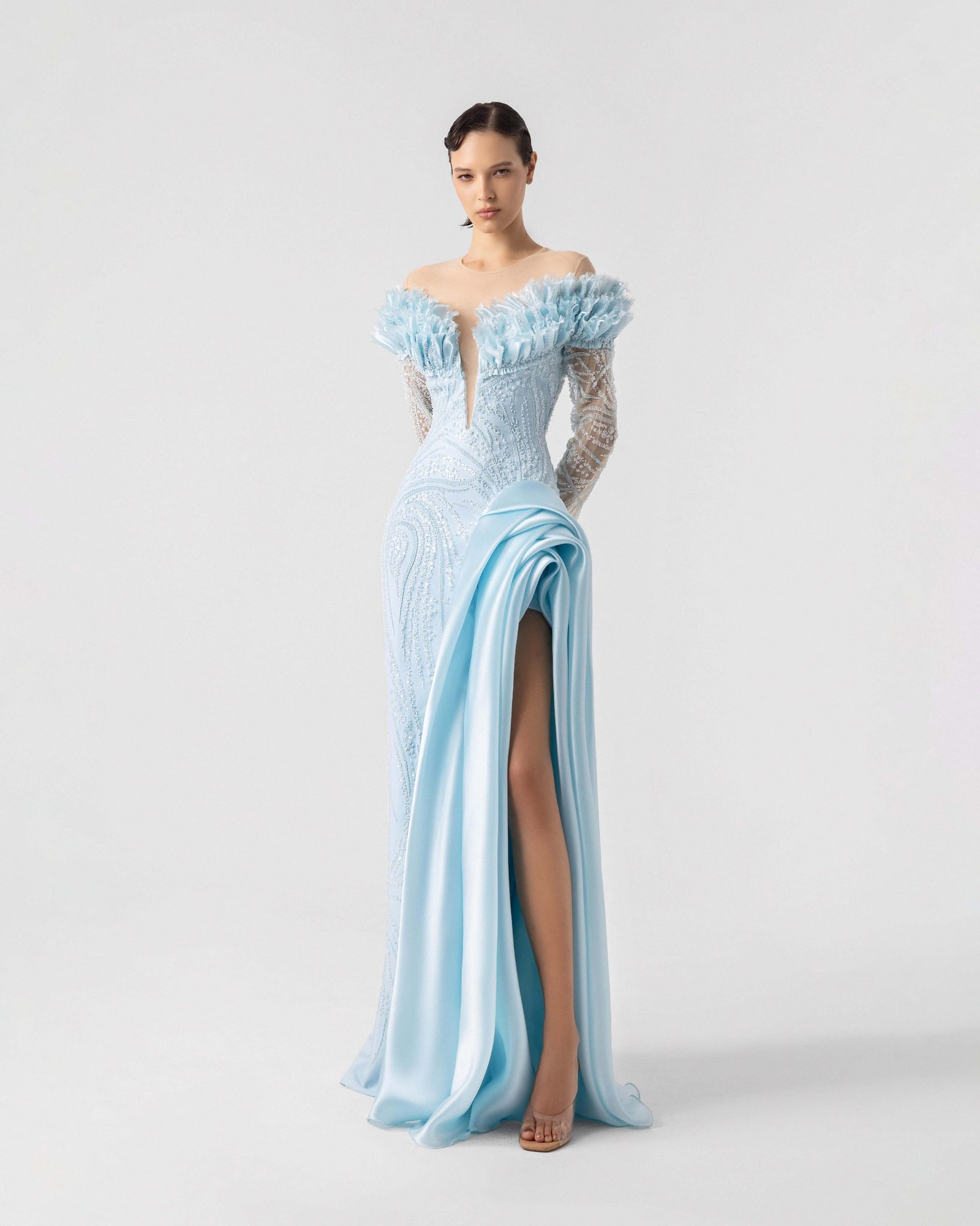 Deep V Embellished frills Ice Blue Lace  Gown