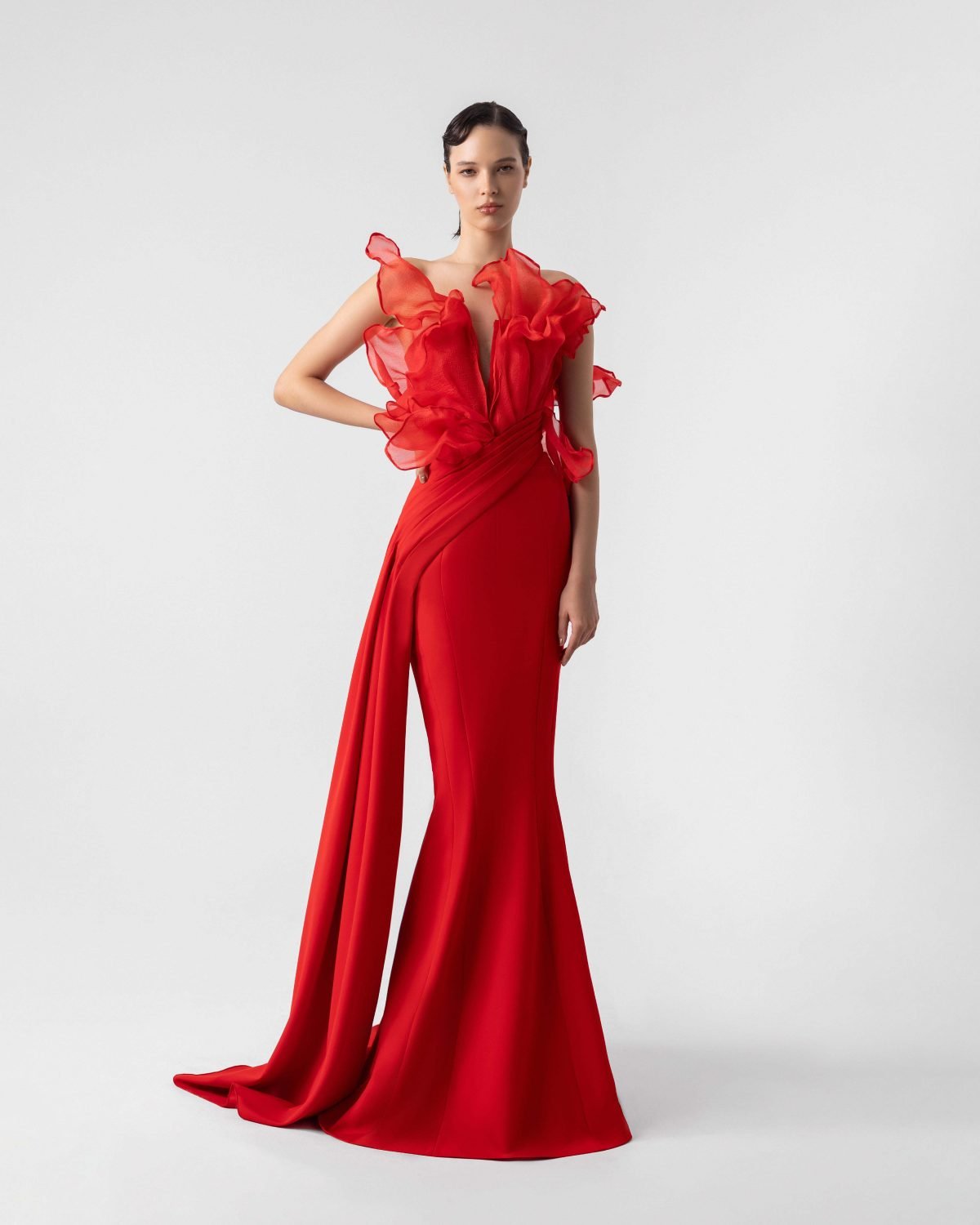 Exquisite Ruffled Plunging V  Bodice Red Mermaid Gown