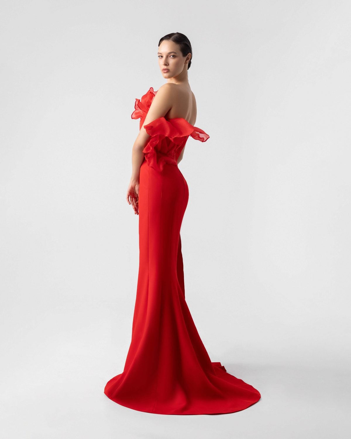 Exquisite Ruffled Plunging V  Bodice Red Mermaid Gown