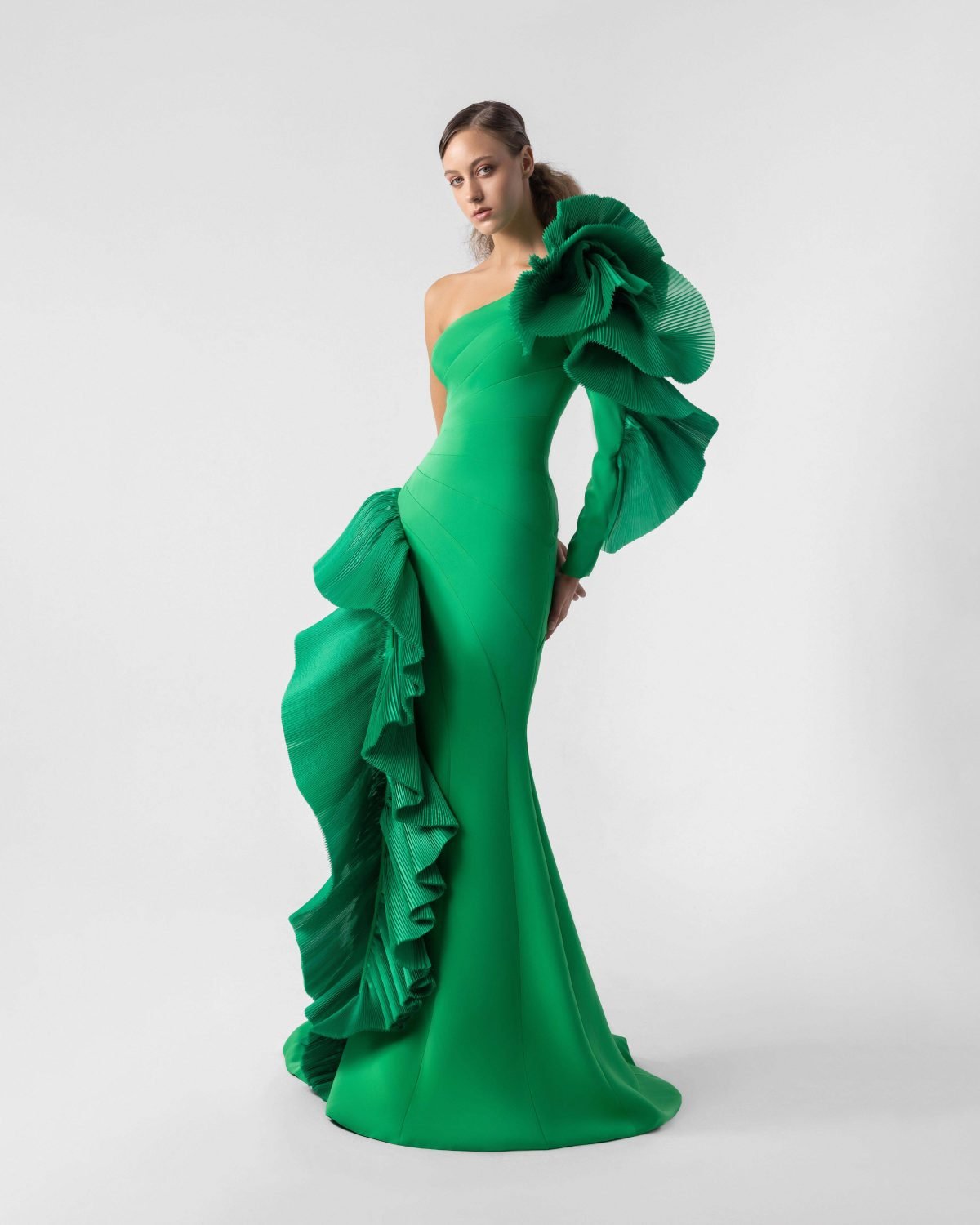 Ruffled One-Sleeve Green Mermaid Gown with Diagonal Seams