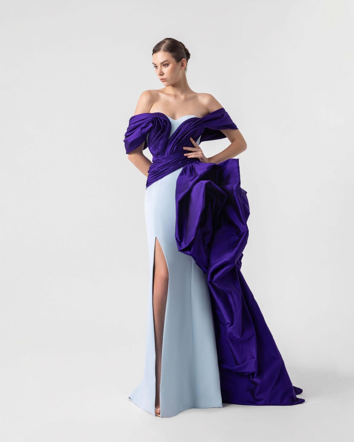 Dramatic Sculptural Dual Tone Off-Shoulder Dress