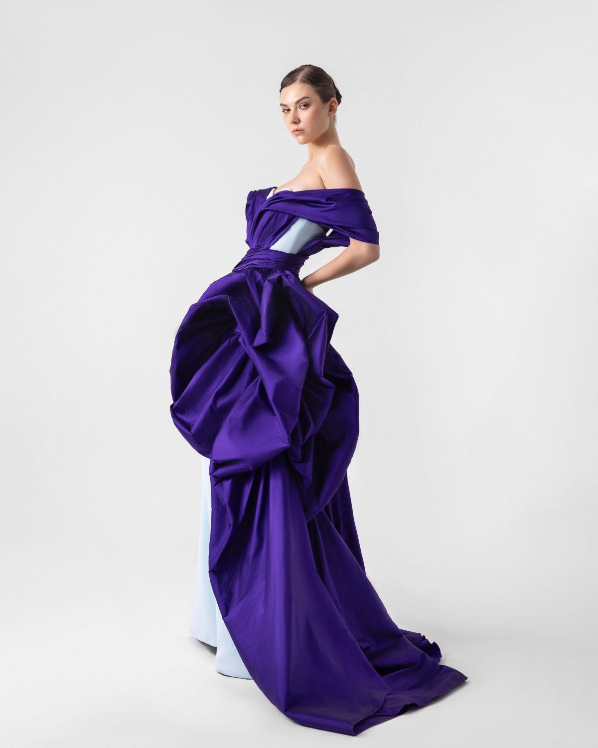 Dramatic Sculptural Dual Tone Off-Shoulder Dress