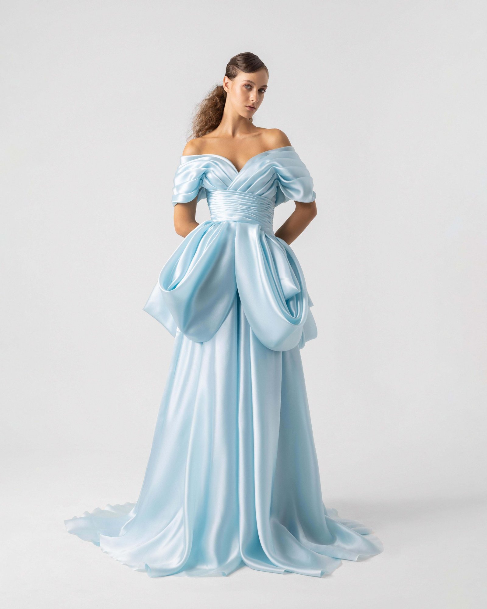 Peplum Ice Blue Off-Shoulder Organza Gown