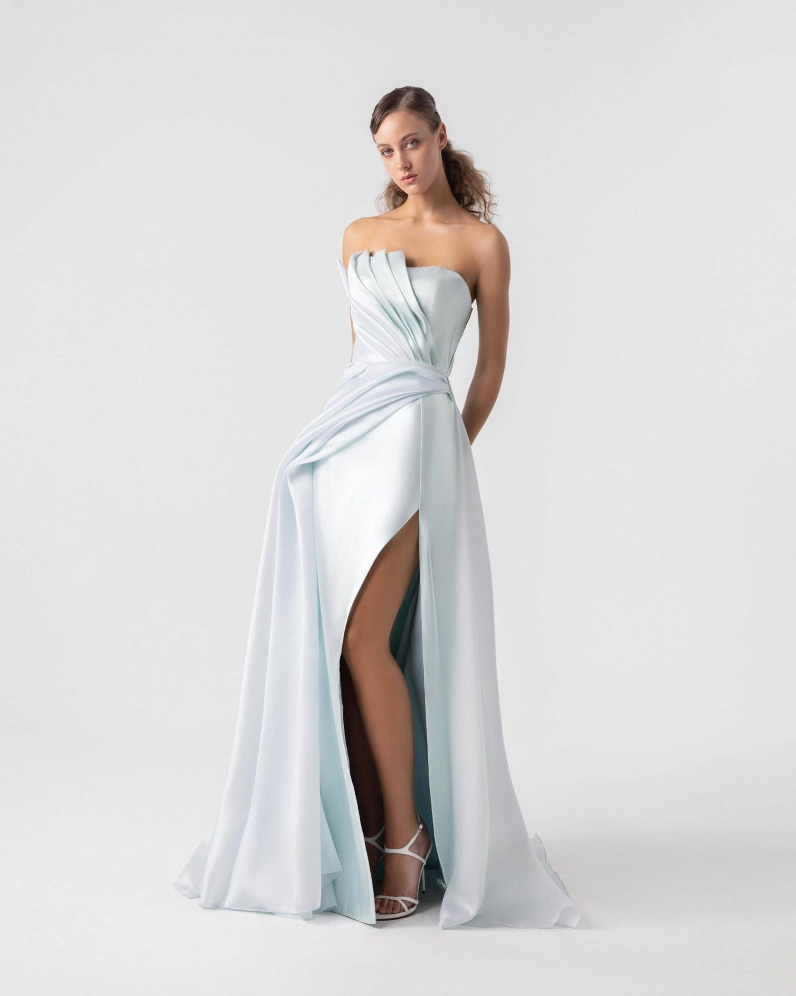 Ethereal Metallic Mint Gown with Asymmetrical Bodice Folds