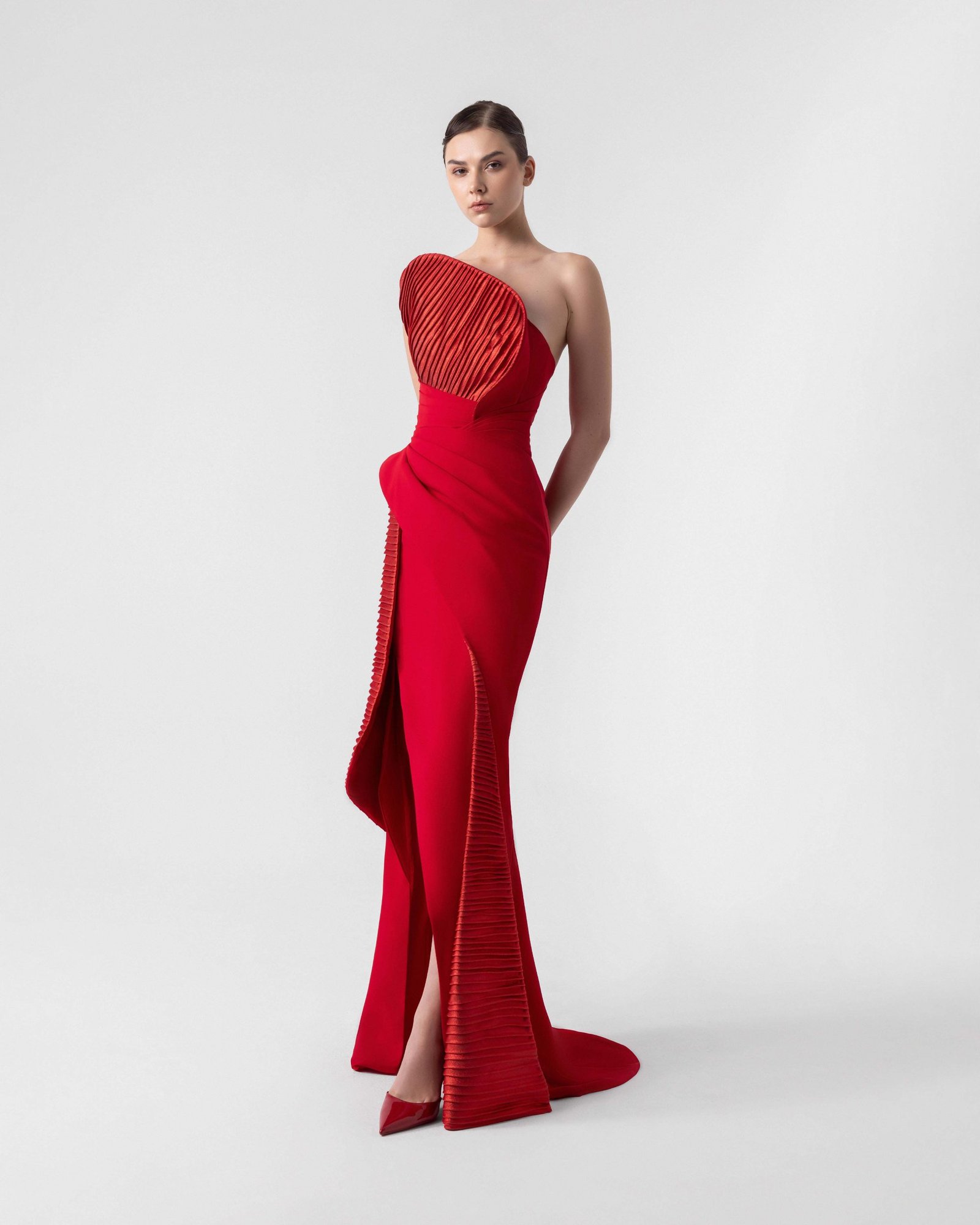 Sculptural 3D Ribbed Red Gown