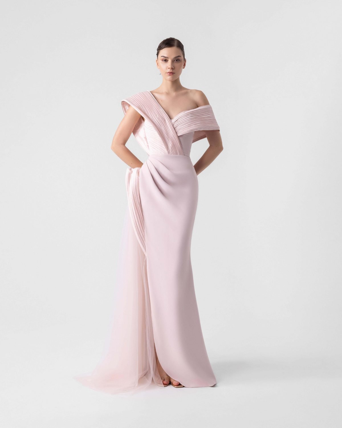 Elegant Asymmetrical Pleats Pink Gown