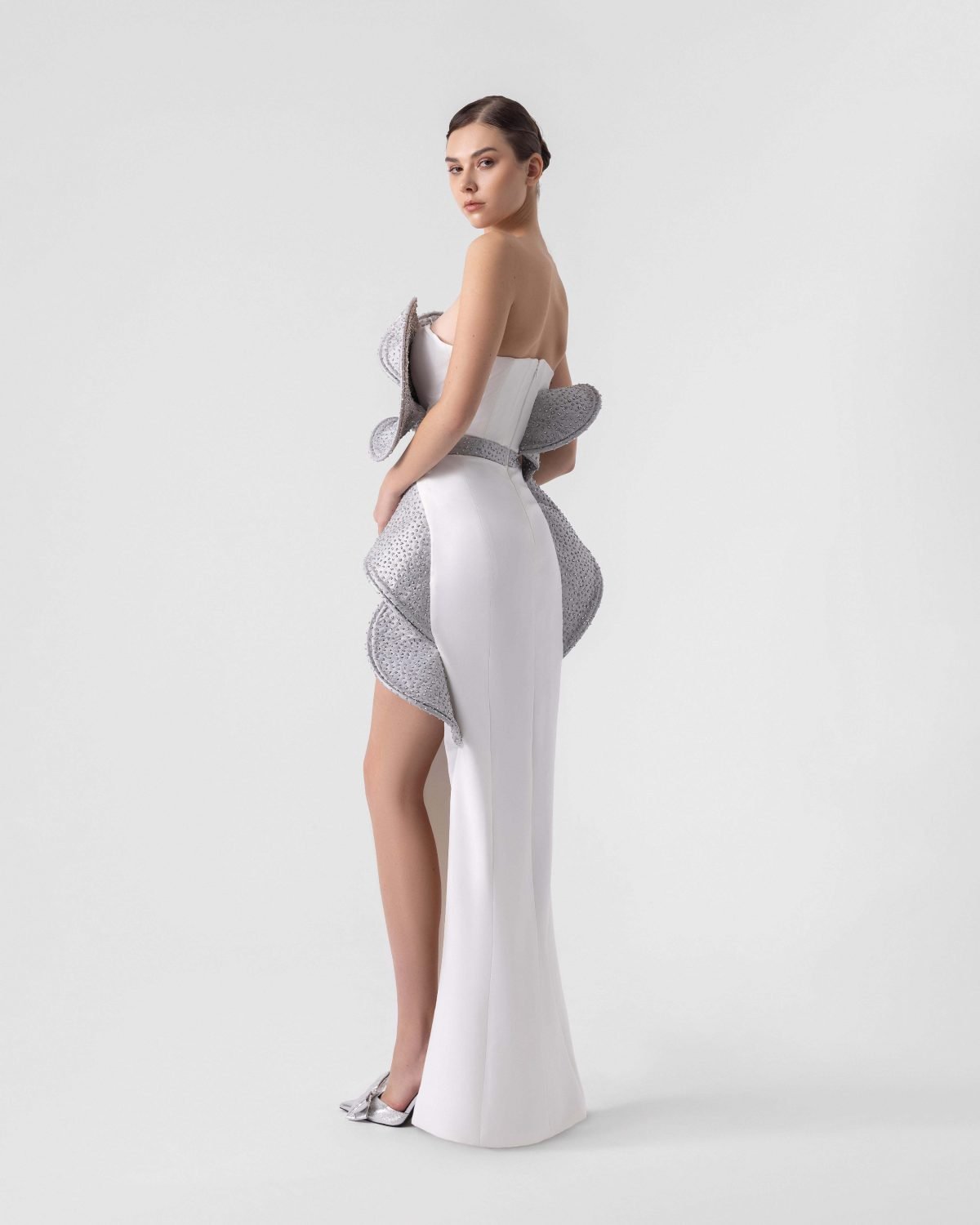 Sculptural Crystal Coated Diagonal Slit Gown
