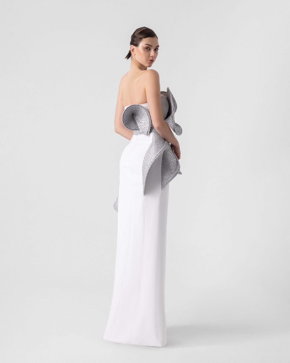 Sculptural Crystal Coated Diagonal Slit Gown