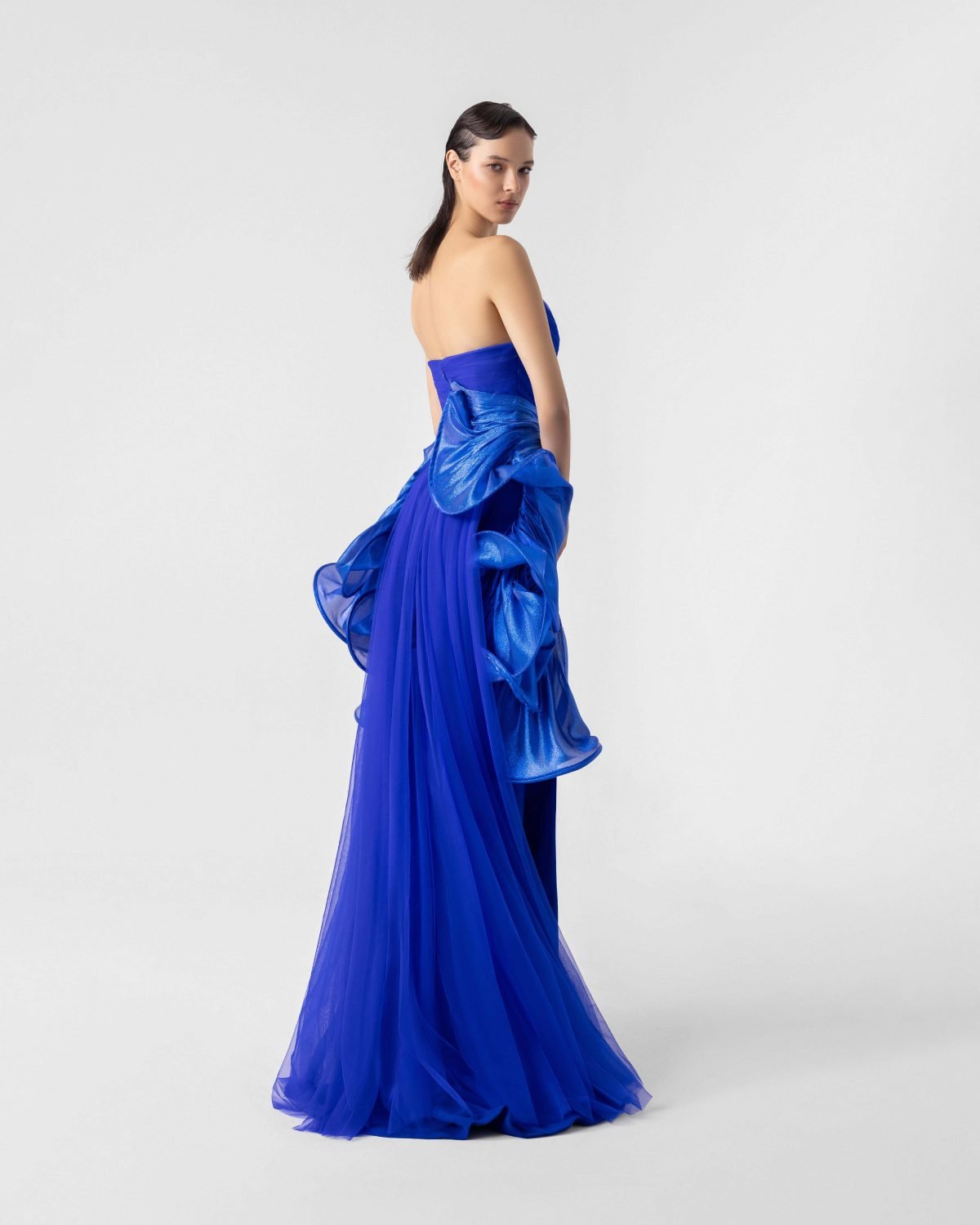Angled Bust Gown With Vivid Pleats