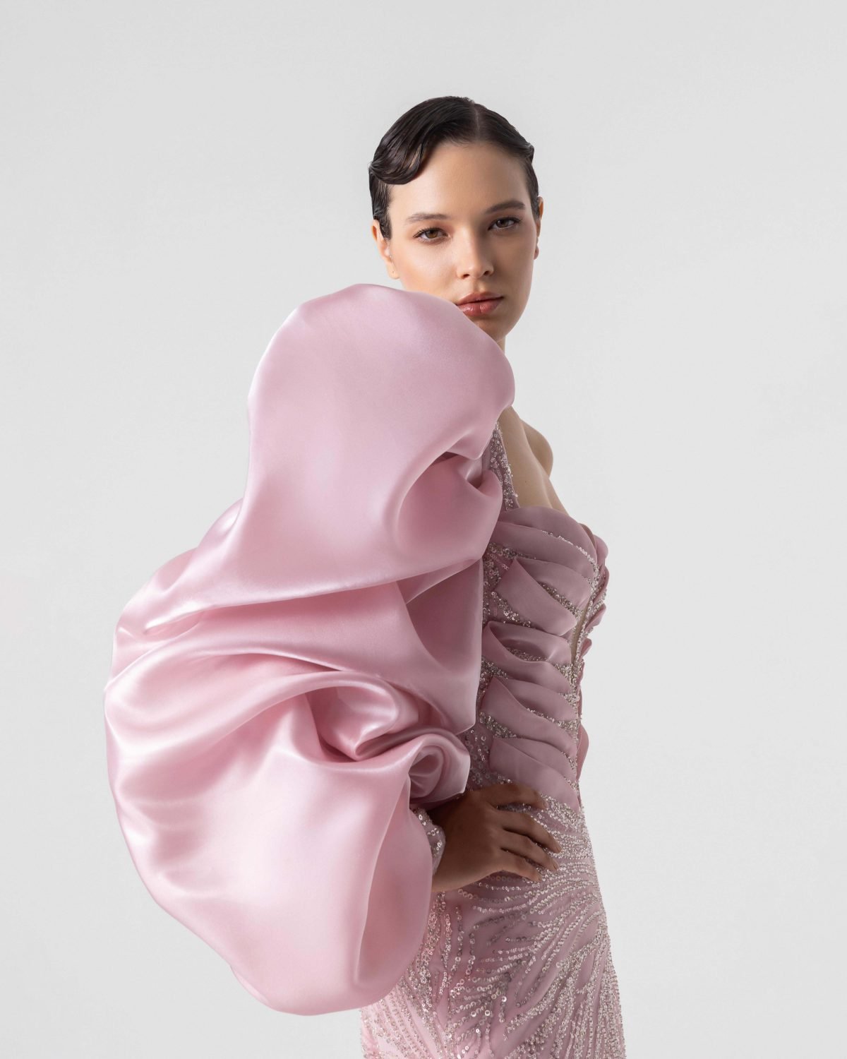 Imposing Sleeve, Plunging V  Blossom Pink Evening Gown