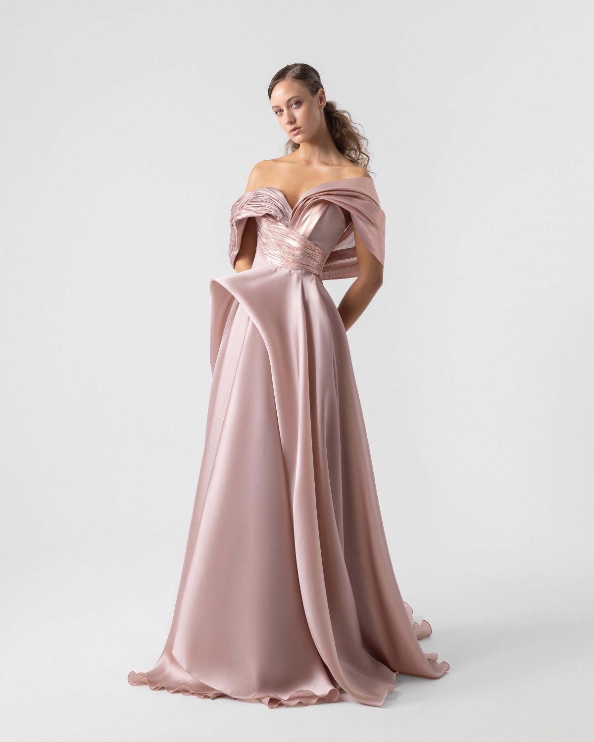 Playful Voluminous Satin and Metallic Organza Salmon Pink Gown