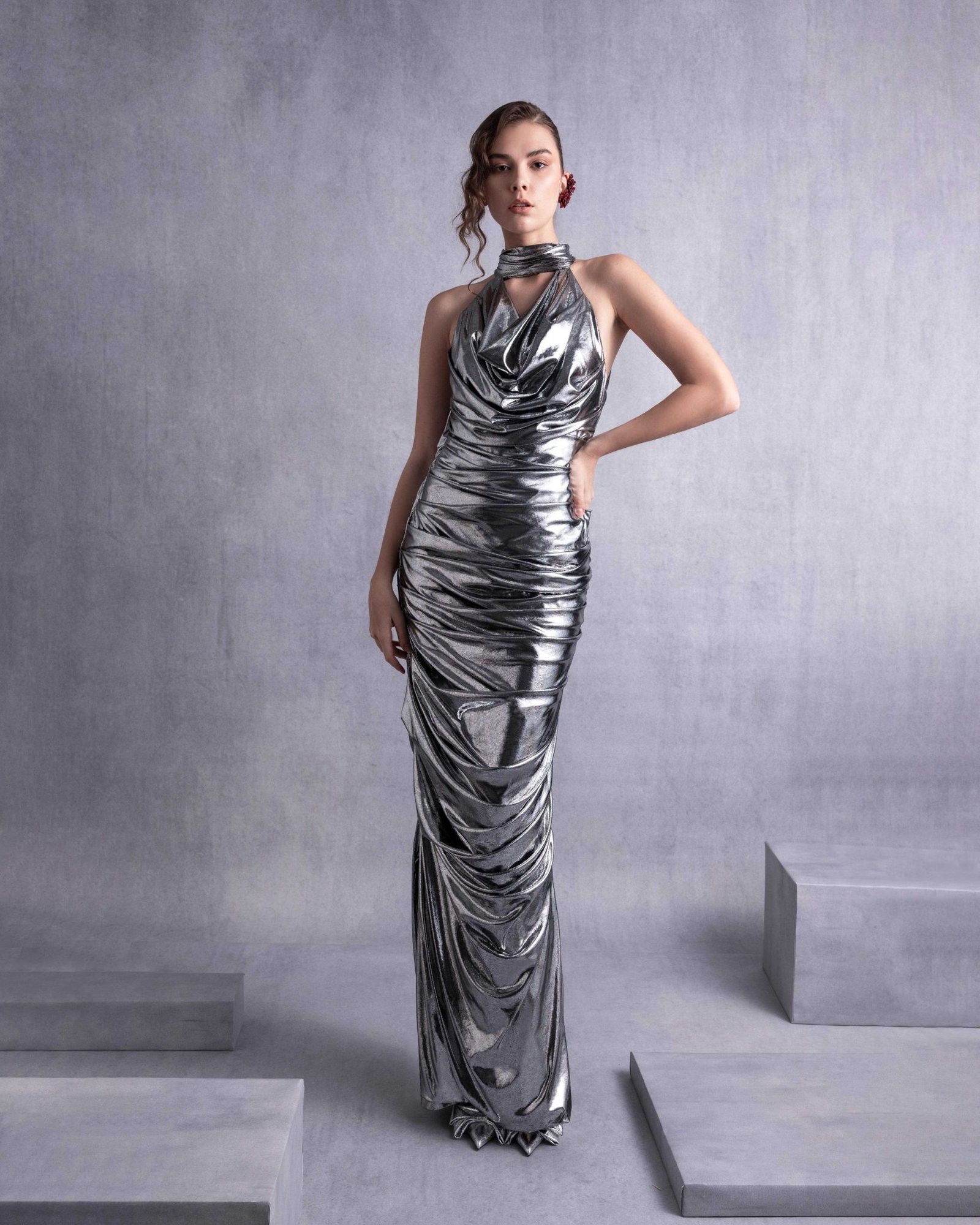 Glamorous Silver Metallic Halter Neck Dress