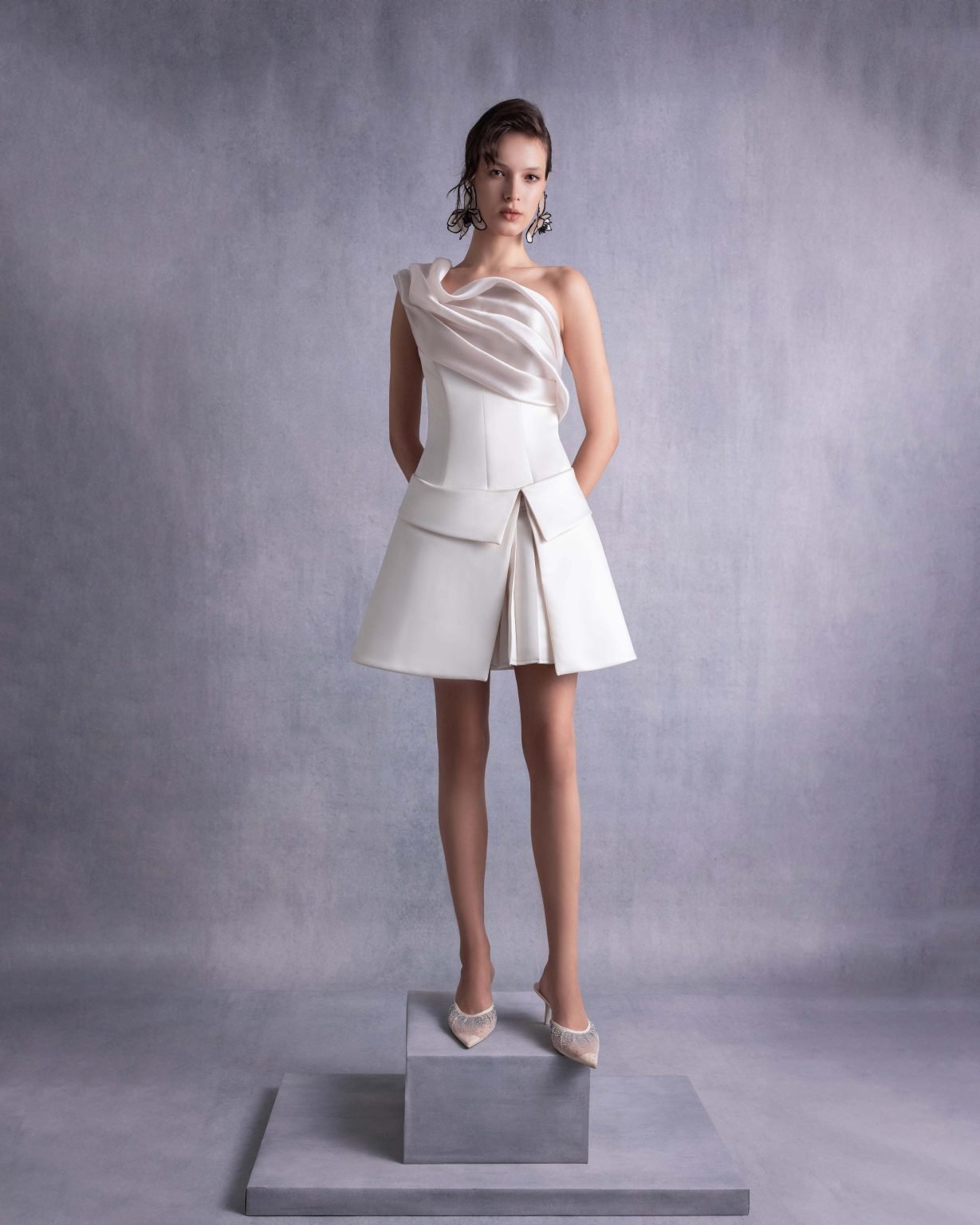 Ivory Razmir Short Dress, Draped Organza Shoulder