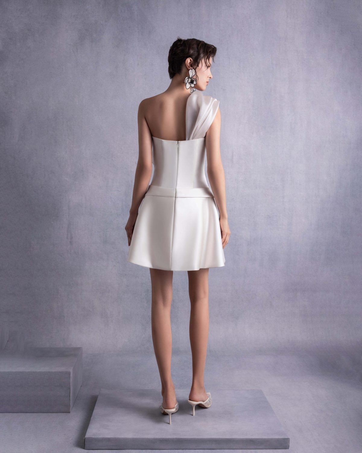 Ivory Razmir Short Dress, Draped Organza Shoulder