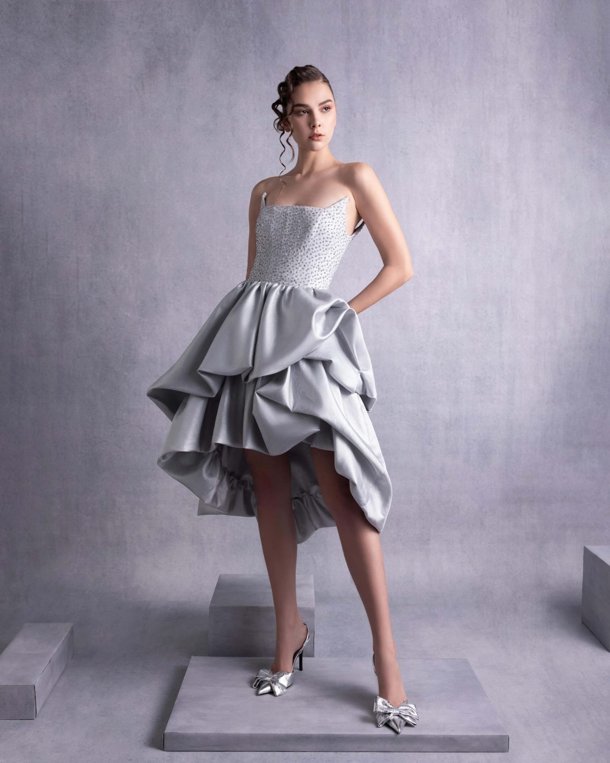 Silver Embroidered Angled Bust Mikado Piqué Dress