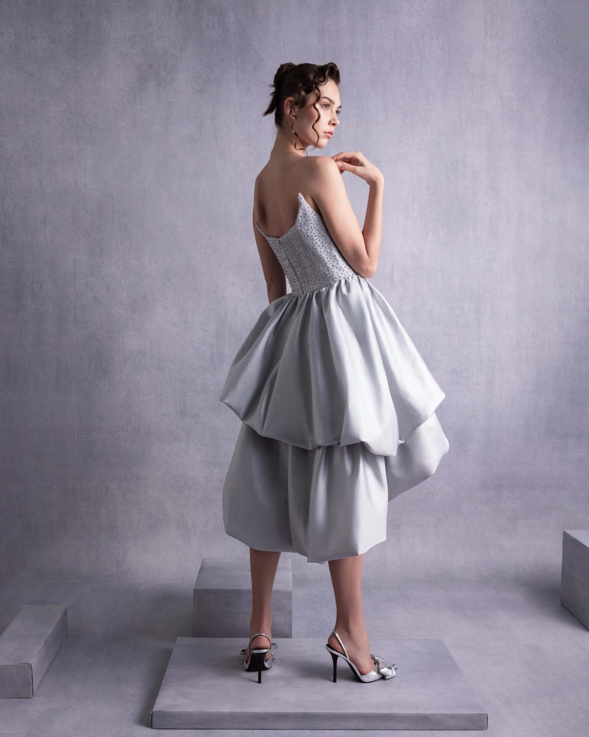 Silver Embroidered Angled Bust Mikado Piqué Dress