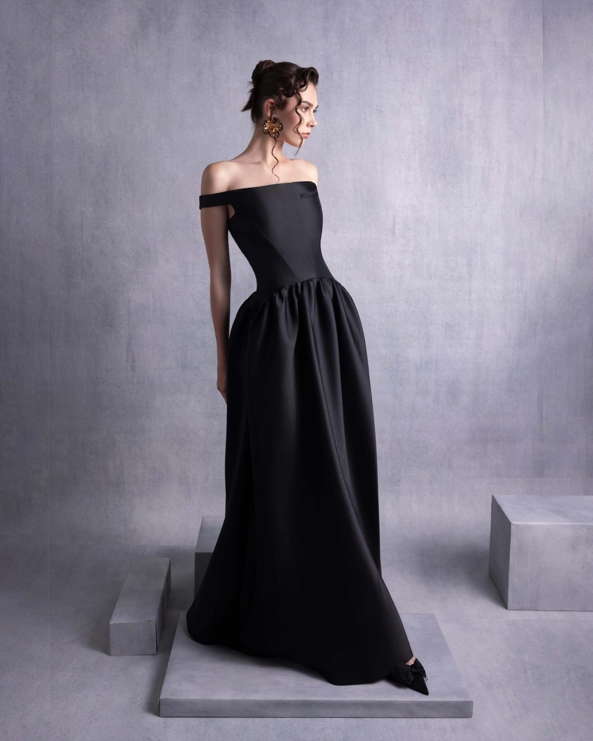 Elegant Thin Off-Shoulder Black Mikado Piqué Dress