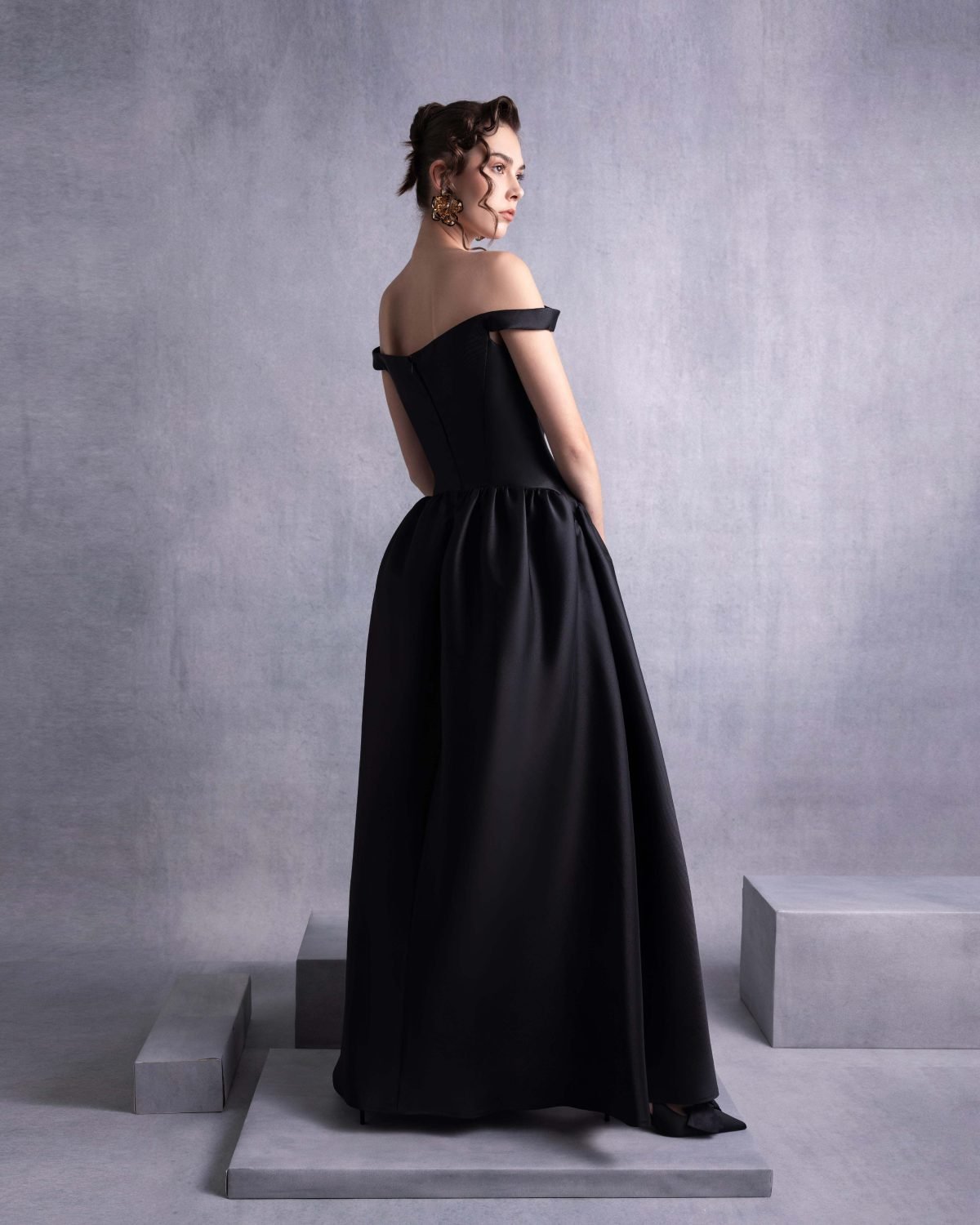 Elegant Thin Off-Shoulder Black Mikado Piqué Dress