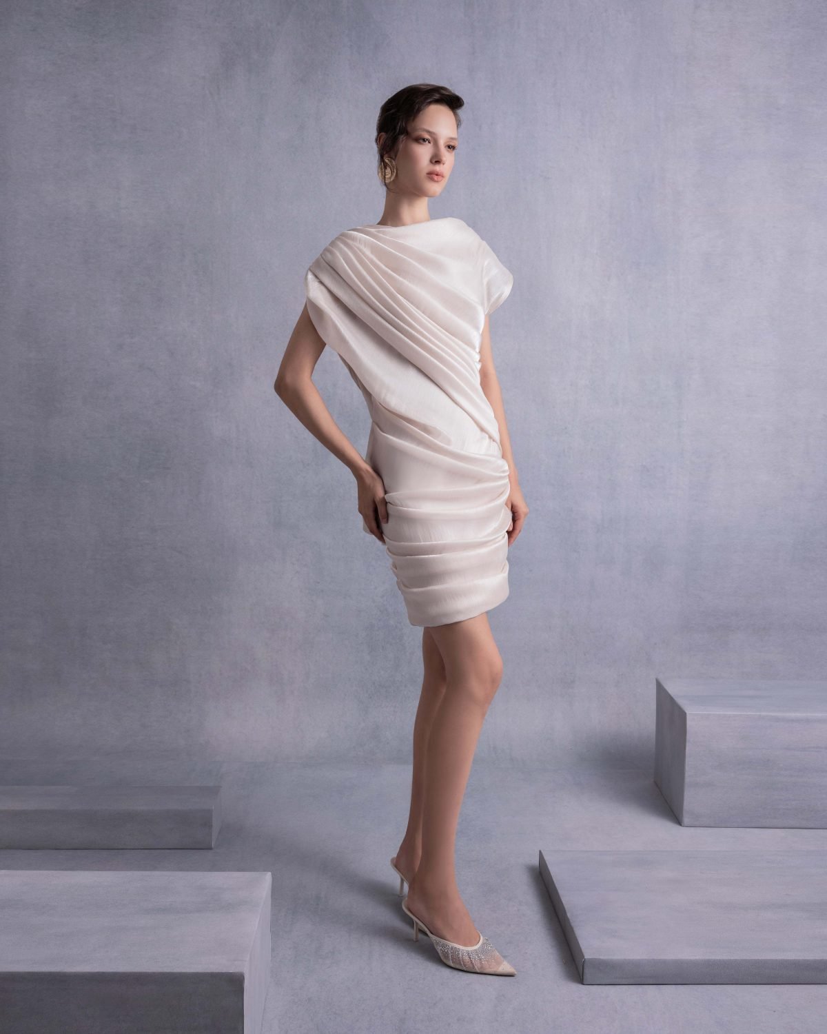 Draped Open Back Lamé Georgette Dress