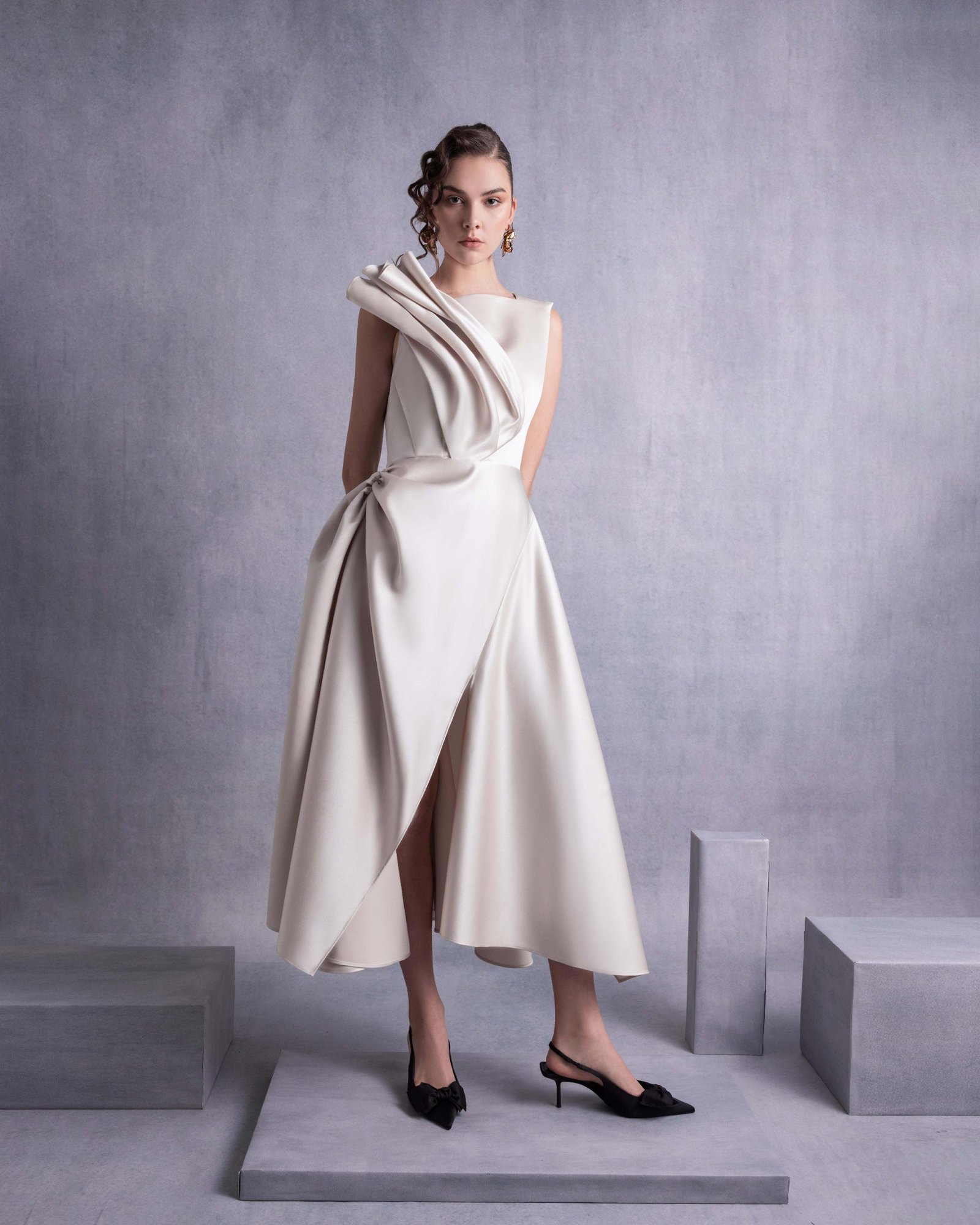 Gold Razmir Dress with Draped Shoulder and High Slit