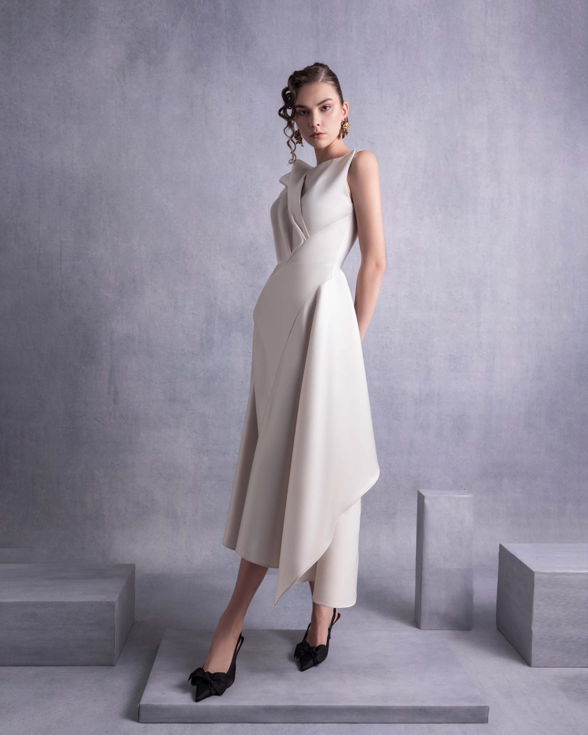 Gold Razmir Dress with Draped Shoulder and High Slit