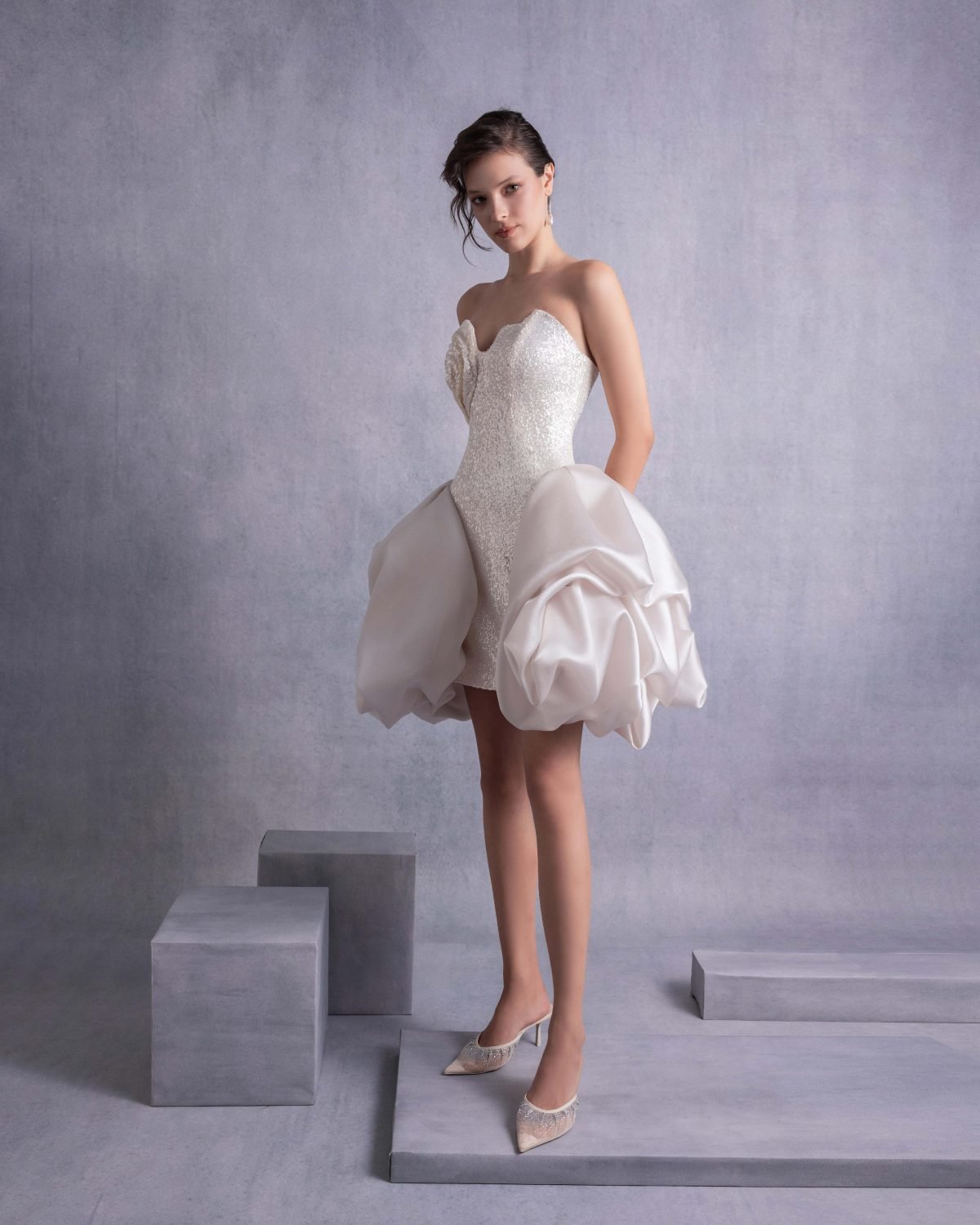 Sparkling Sequins Mini Dress with Puffy Organza Skirt Overlay