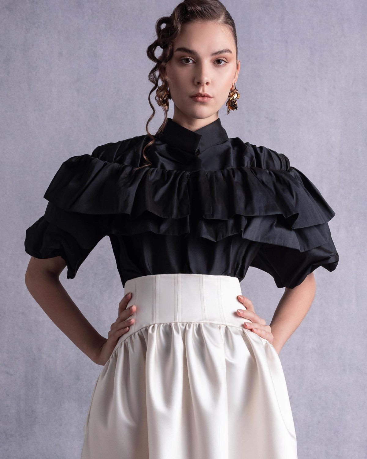 Cascading Ruffles Black Taffeta Top