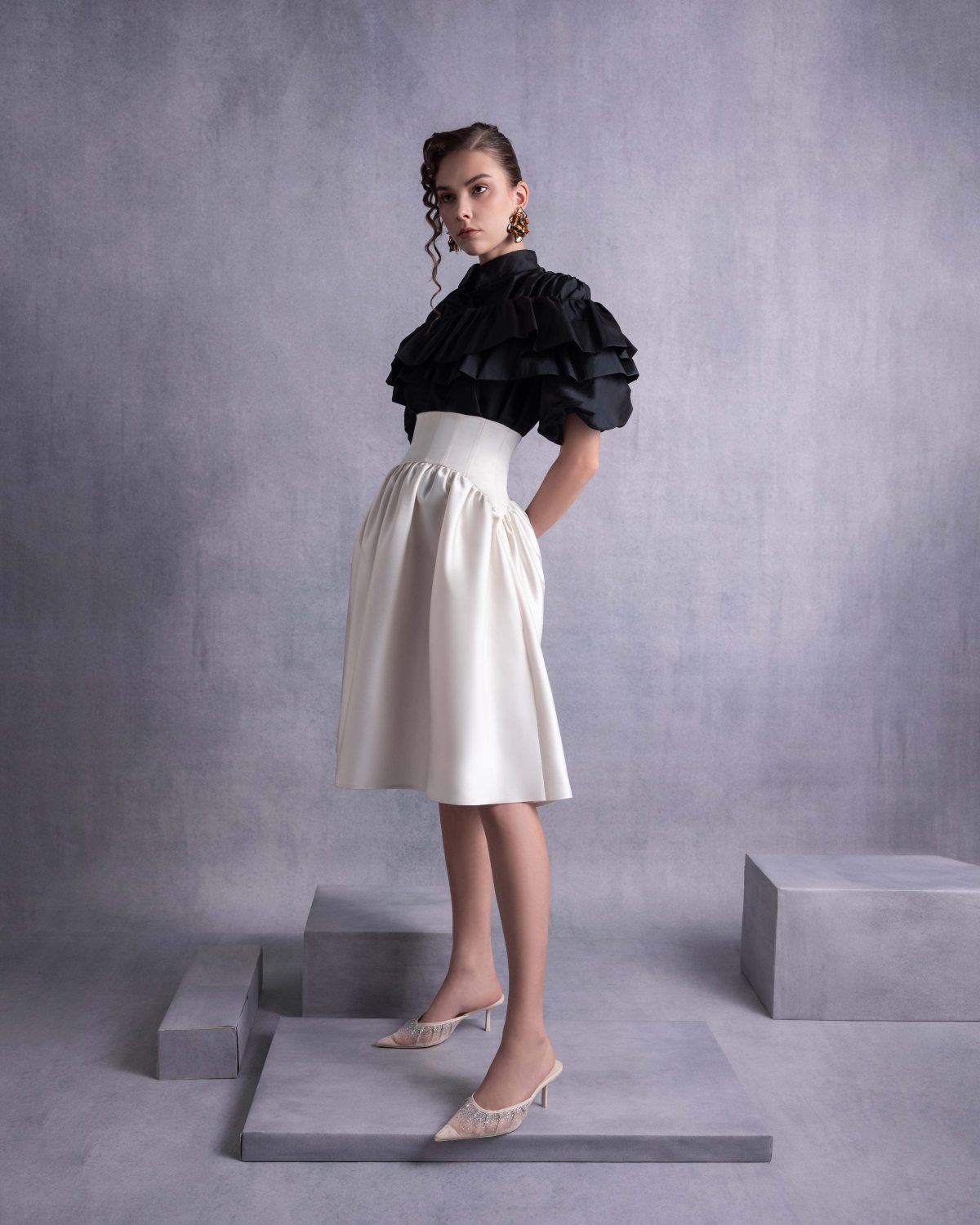 Cascading Ruffles Black Taffeta Top