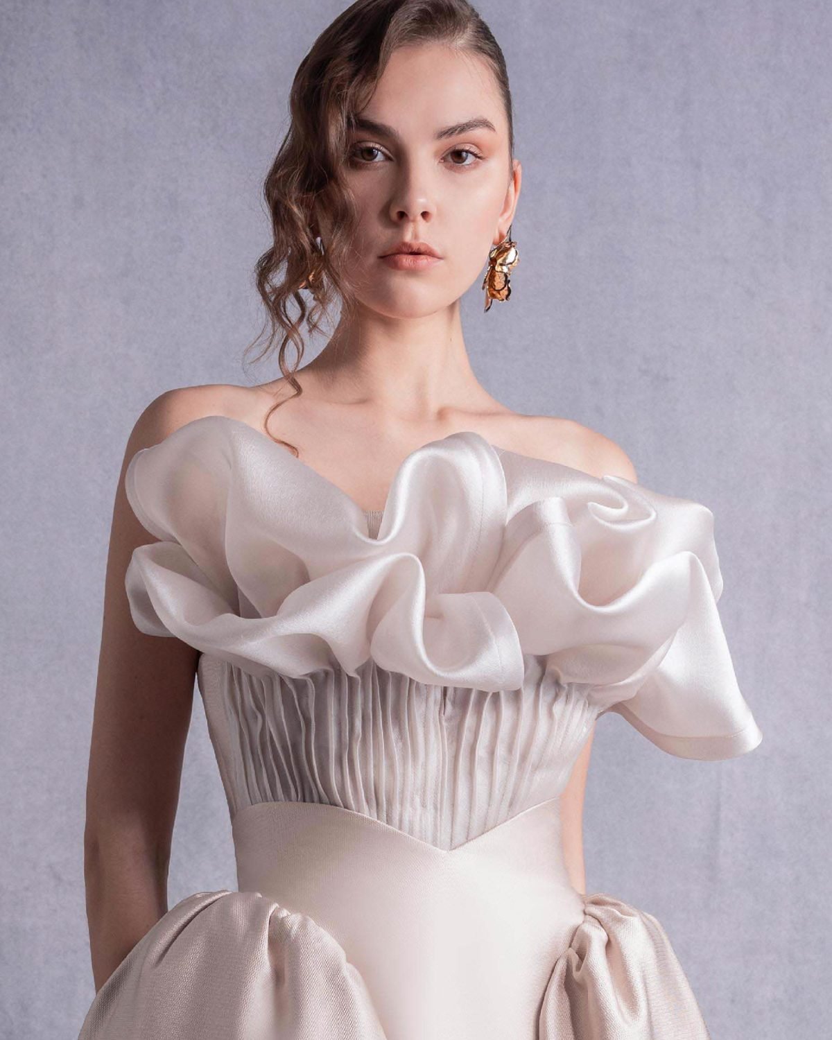 Pleated Organza Corset Top with Voluminous Neckline Manipulation