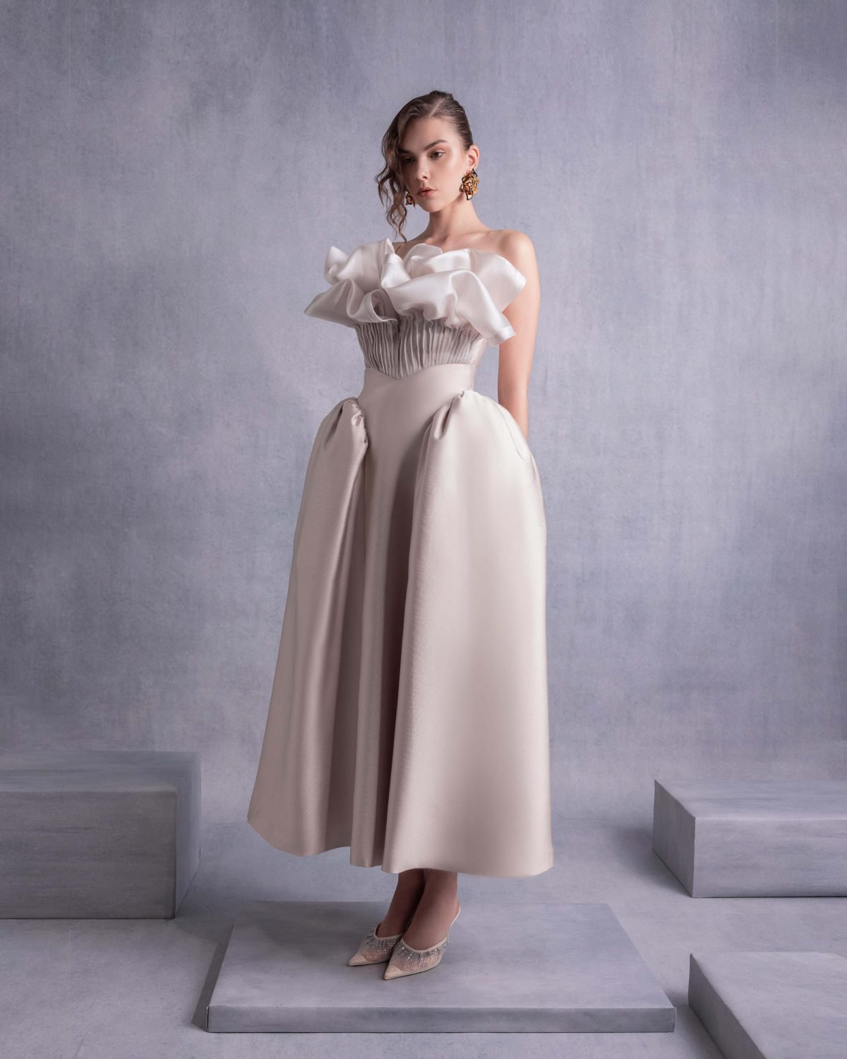 Pleated Organza Corset Top with Voluminous Neckline Manipulation