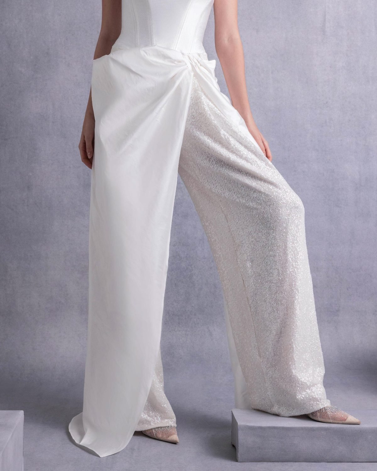 Sequined Wide-Leg Pants with Taffeta Overlay