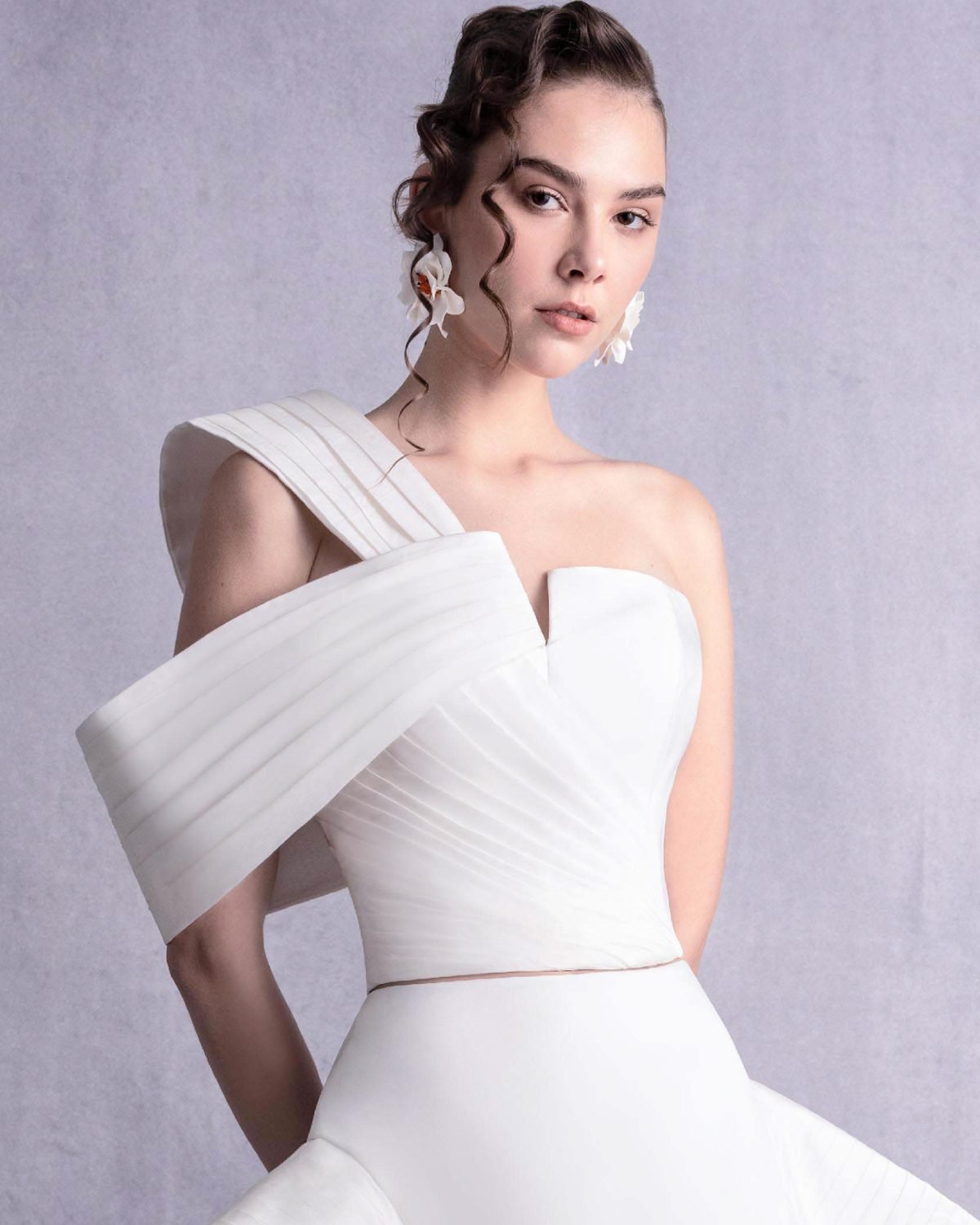 Sculptural Pleated Off-Shoulder Asymmetric Taffeta Top with