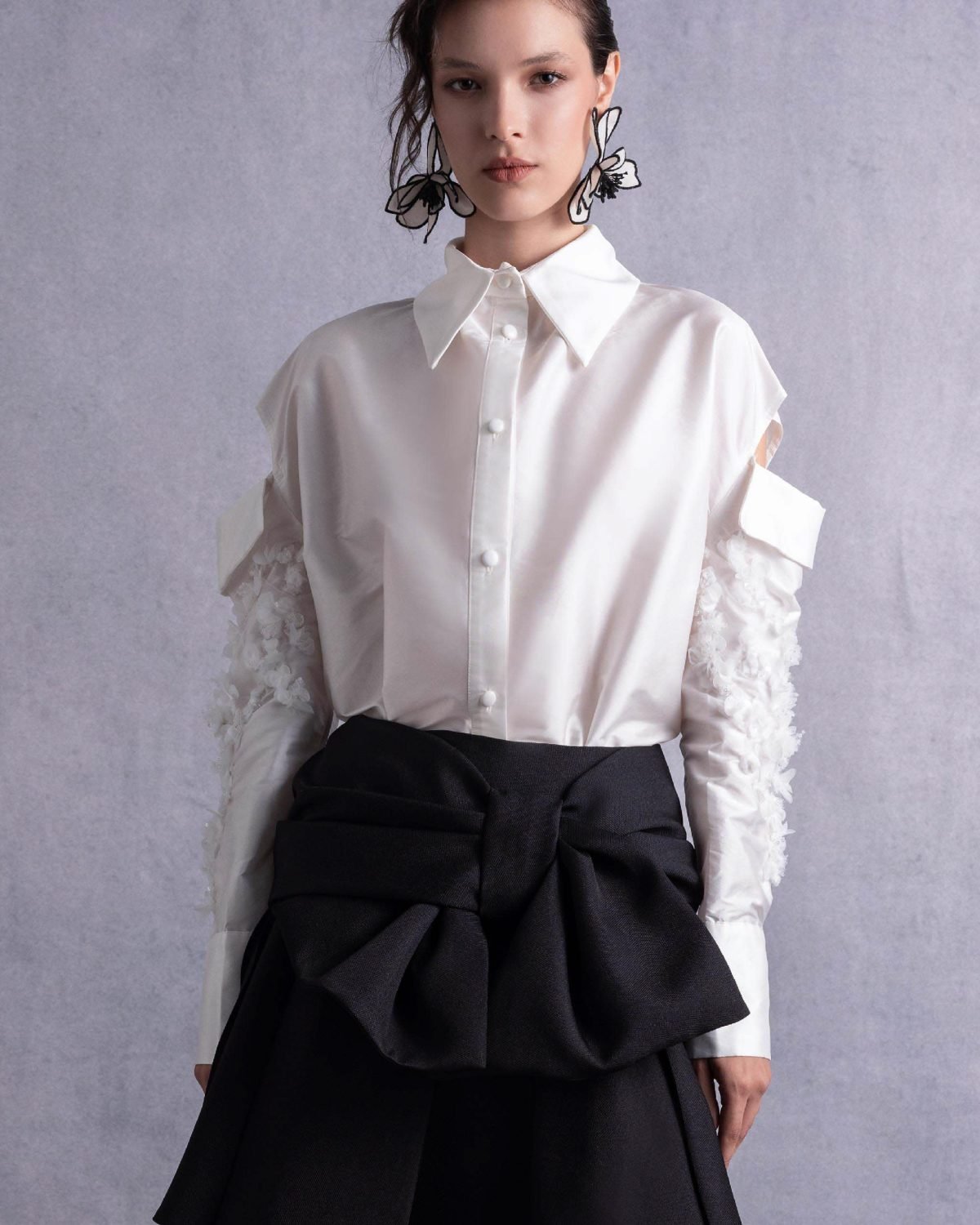 Pearly Embroidered Sleeves Off-White Taffeta Blouse