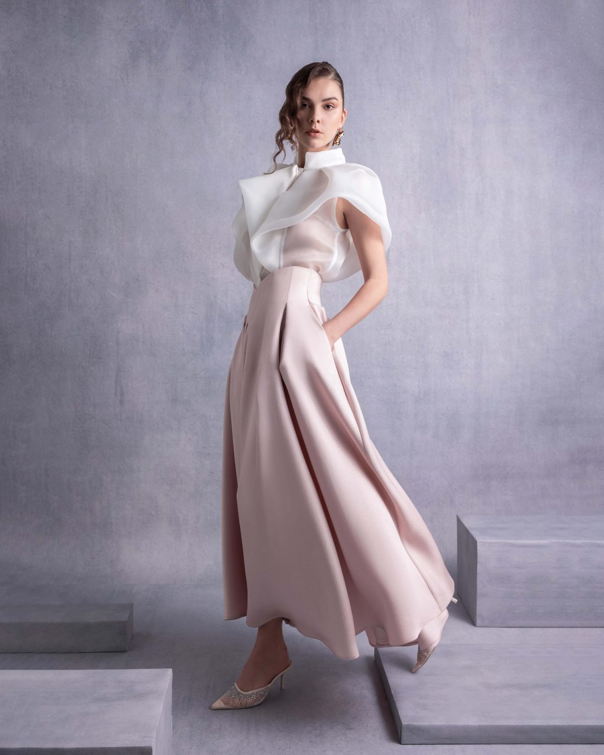 High Neck Cascading Off-White Organza Blouse