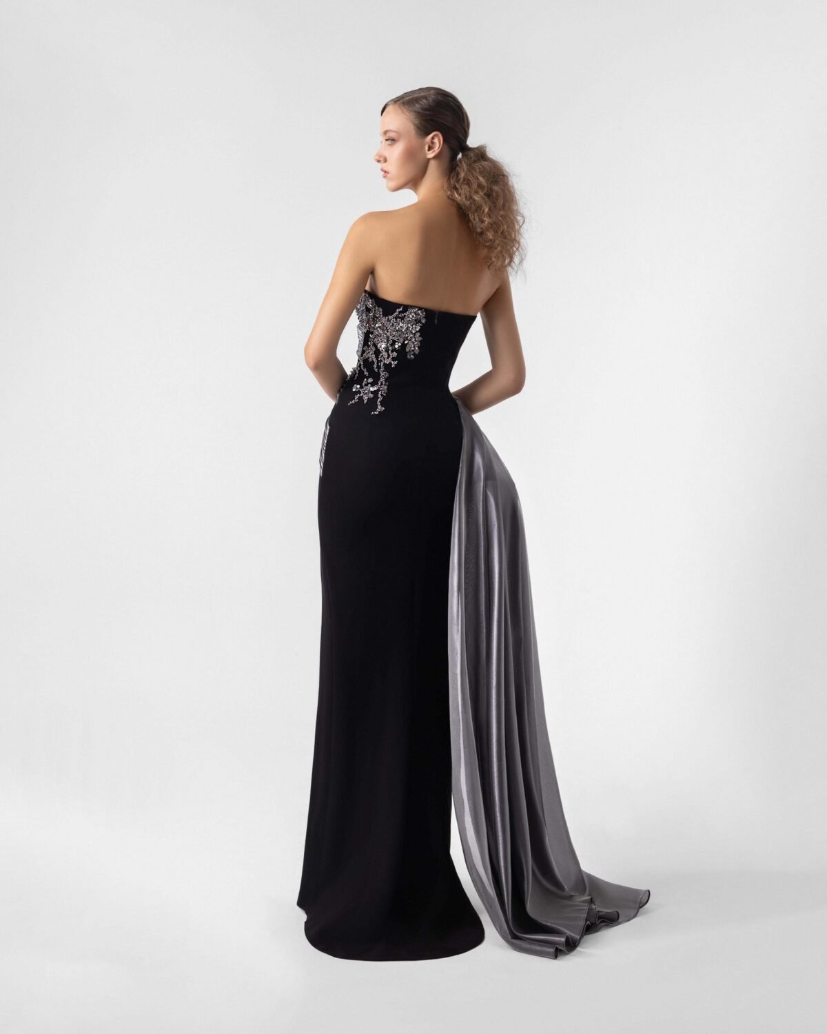 Prestigious Silver Ribbed Black Gown with Embellished detailing