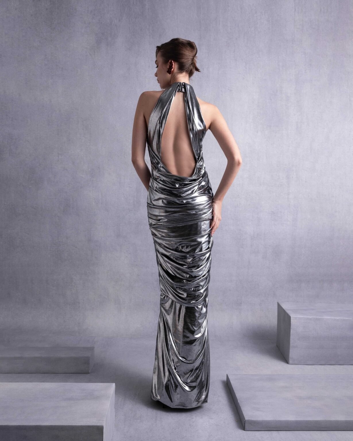 Glamorous Silver Metallic Halter Neck Dress